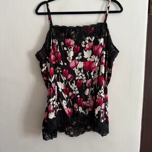 White House Black Market | Black Red and White  Stretch Silk Lace Trim Cami XL